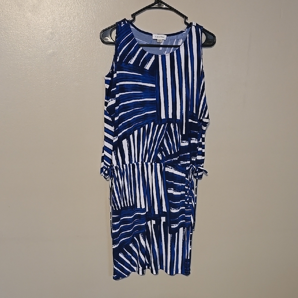 Calvin Klein Women's Print Sheath Dress Belt Cold Shoulder Knit Size 6